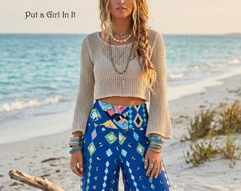 New Boho J Up Uptown Womens blue geometric bohemian silky tall palazzo pants s m l made in usa jup beach vacation