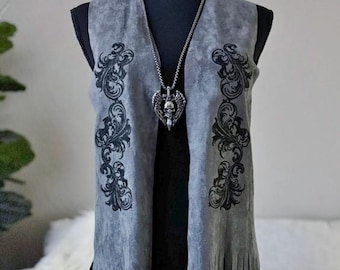 New Vocal Apparel womens gray soft faux suede fringe sleeveless embroidered floral western vest shirt s small biker boho