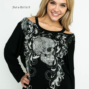 New Vocal Apparel womens plus size black crystal embellished sugar skull cold shoulder biker long sleeve shirt top 1X 2X 3X
