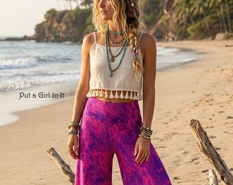 New J Up Uptown Women's purple pink multi colored boho chic bohemian silky high waisted palazzo pants m medium made in usa hippie