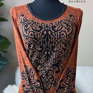 New Vocal Apparel womens crystal embellished rust black floral burnout long sleeve shirt bling s m l xl usa
