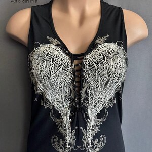 New womens plus size black crystal embellished angel wings braided detail biker tank top 1X 2X 3X
