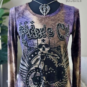 New Vocal Apparel womens embellished crystal studded tie dye motorcycle skull wings biker long sleeve shirt s m l xl usa