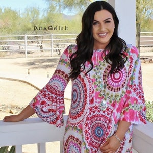 New womens berry pink medallion boho silky swing shirt tunic with pockets s m l xl 1x 2x Made in USA