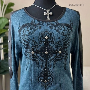 New Vocal Apparel womens crystal embellished studded navy blue black cross faux leather contrast long sleeve shirt bling s m small usa biker