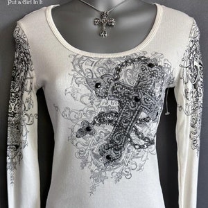 New Vocal Apparel womens embellished ivory rosary cross wings tattoo long sleeve biker shirt s small usa