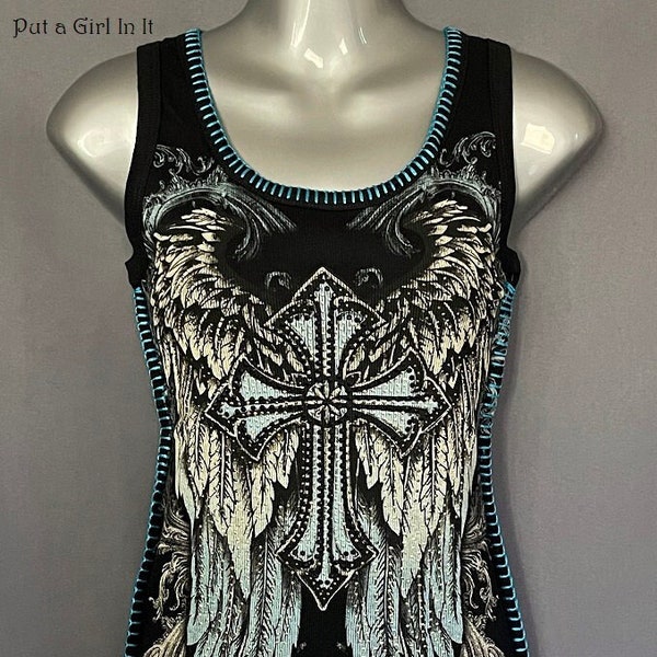 New Vocal Apparel womens crystal embellished black blue cross angel wings whipstitch tank top shirt s m l xl usa