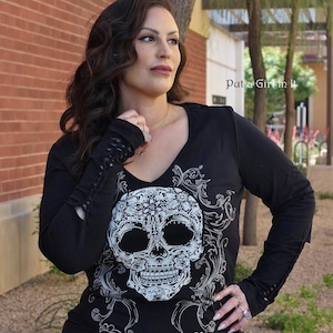 New womens plus size black crystal embellished sugar skull braided contrast cutout biker shirt top 1X 2X 3X