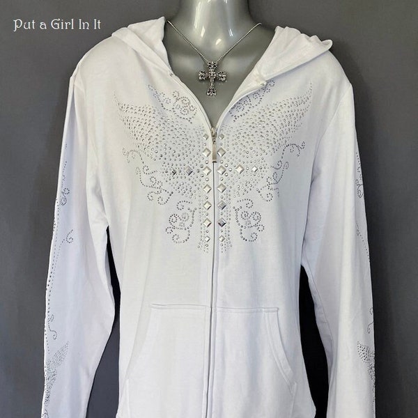 New womens soft white crystal stud embellished cross wings zip jacket with pockets XL 1X 2X