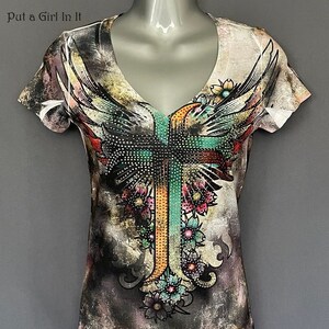 New Vocal Apparel womens crystal embellished cross wings sublimation dyed tattoo short sleeve shirt bling s m l xl usa