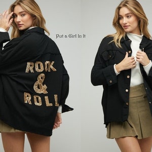 New Womens Plus Size gold sequin black Rock Roll patch distressed utility sequined oversized shacket jacket 1x 2x 3x