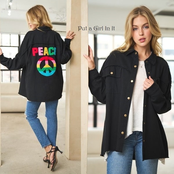 New Womens soft black rainbow peace sign distressed oversized utility boyfriend shacket jacket M L XL 1X 2X 3X