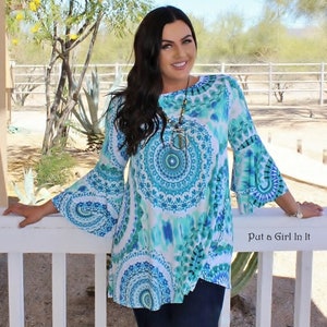 New womens blue mint medallion boho silky swing shirt tunic with pockets s m l xl 1x Made in USA