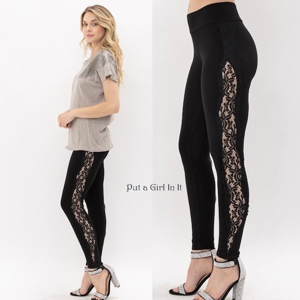 New Vocal Apparel Womens jersey soft black lace contrast stretch leggings s m l xl usa