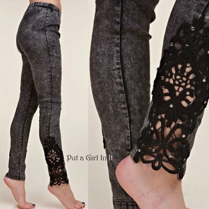 New Vocal Apparel Womens black embellished crochet lace contrast jeggings jeans leggings s m l xl 1x 2x 3x