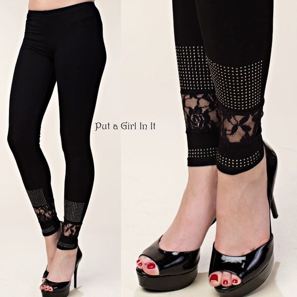 New Vocal Apparel Womens jersey soft black crystal embellished lace leggings s m l xl 1x 2x 3x