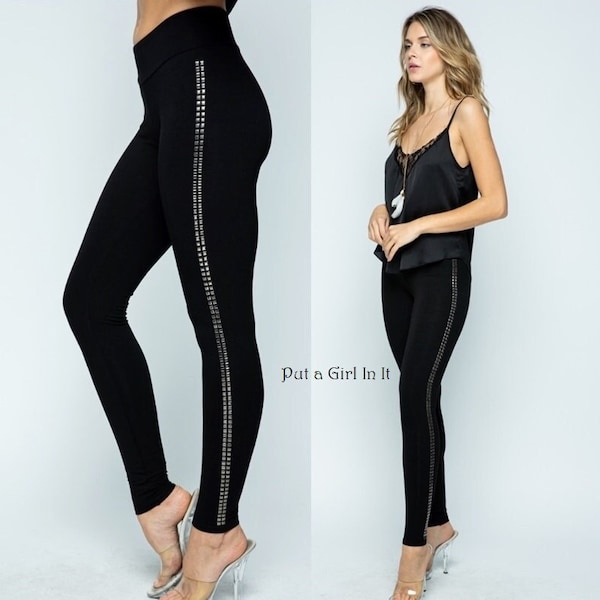 New Vocal Apparel Womens soft stud embellished black stretch leggings bling s m l usa