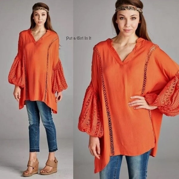 New Womens Velzera coral crocheted lace boho hippie bohemian shabby chic balloon sleeve tunic shirt top s m l 1x 2x oversized orange