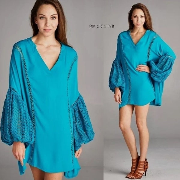 New Womens Velzera turquoise blue crocheted lace boho hippie bohemian shabby chic balloon sleeve tunic shirt top s m l 1x oversized