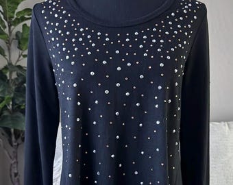 New Vocal Apparel women's black silver bronze crystal embellished classy long sleeve tunic shirt bling s m l usa western cowgirl boho