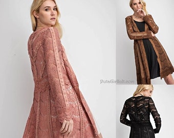 New Vocal Apparel womens embellished studded western faux suede floral lace contrast duster cardigan jacket s m l xl pink black camel brown