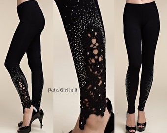 New Vocal Apparel Womens jersey soft black crystal embellished crochet lace leggings s m l xl 1x 2x 3x