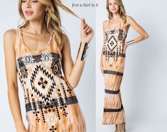 New Vocal Apparel womens crystal embellished aztec taupe tie dye southwest western racerback maxi dress s m l usa