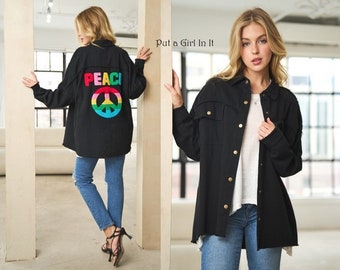 New Womens soft black rainbow peace sign distressed oversized utility boyfriend shacket jacket M L XL 1X 2X 3X