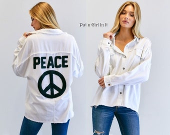 New Womens Plus Size white black peace patch distressed utility shacket jacket 1X 2X 3X