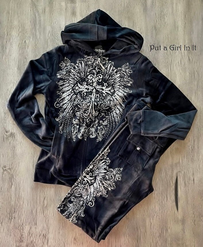 New Womens Plus Size Soft Velour Black Crystal Embellished Cross