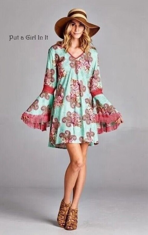 New Womens Velzera Mint Pink Paisley Lace Fringe Contrast Lightweight  Hippie Bohemian Shabby Chic Tunic Dress S XL 1X - Etsy