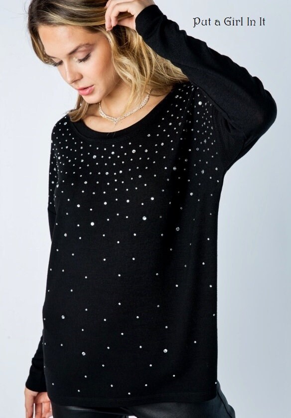 New Vocal Apparel Womens Black Crystal Embellished Classy Long Sleeve ...