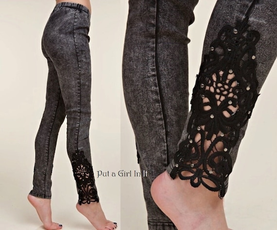 New Vocal Apparel Womens Black Embellished Crochet Lace Contrast Jeggings  Jeans Leggings S M L Xl 1x 2x 3x 