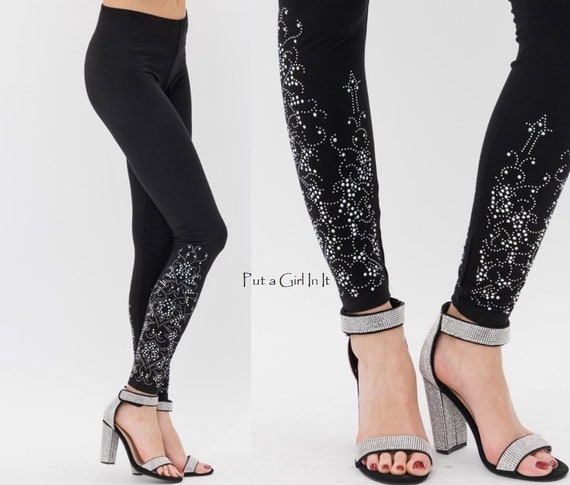 New Vocal Apparel Womens Plus Size Crystal Embellished Black Stretch Floral  Tattoo Leggings Bling 1X 2X 3X Usa 