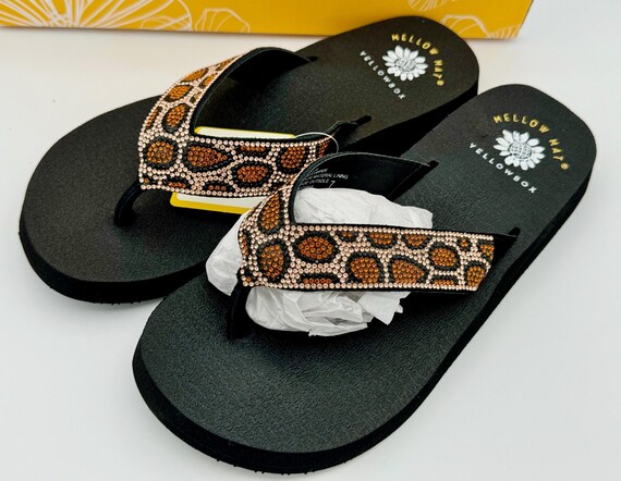 New Womens Black Yellow Box Naseeba Tan Crystal Leopard Print Wedges Flip flops Sandals Suede 7 7.5 8 8.5 9 Mellow Mat Etsy