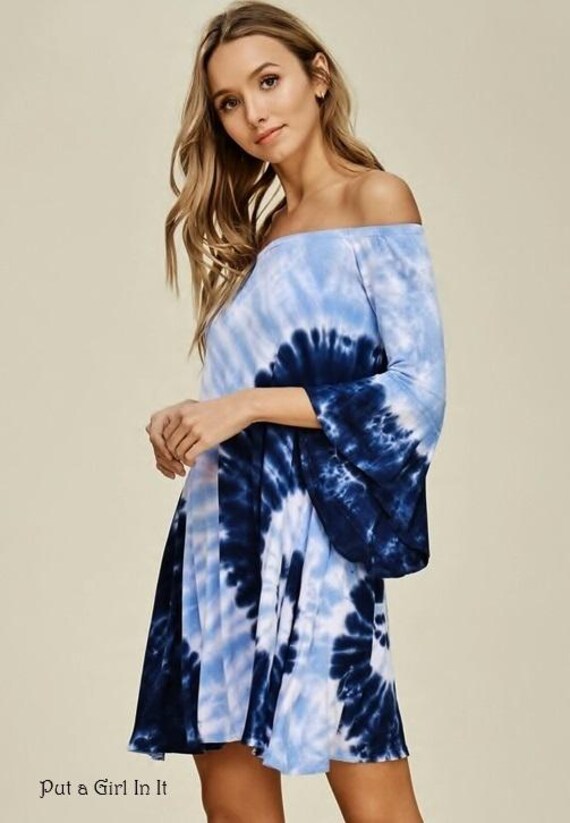 blue tie dye off the shoulder dress Last Ones! Tie Dye Goddess Nights, Off the Shoulder Maxi Dress: Size: 3XL