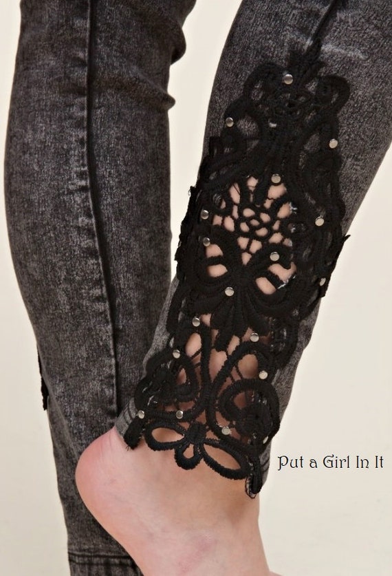 New Vocal Apparel Womens Black Embellished Crochet Lace Contrast Jeggings  Jeans Leggings S M L Xl 1x 2x 3x 