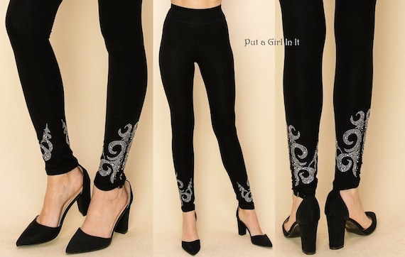 New Vocal Apparel Womens Crystal Embellished Jersey Soft Black Stretch Leggings Bling S M L Xl Usa Etsy