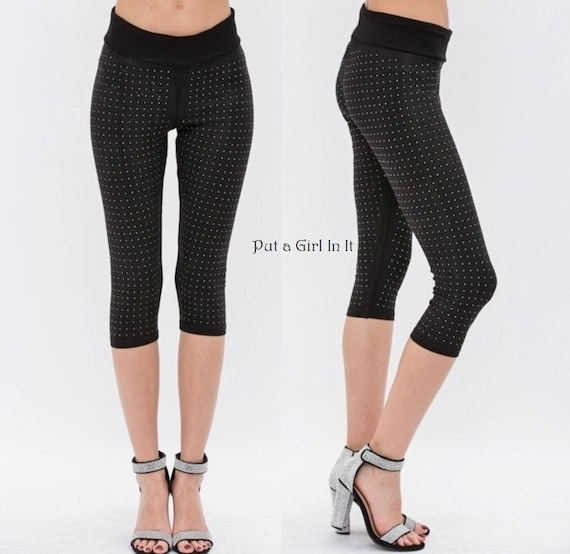 New Vocal Apparel Womens Stretch Black Crystal Embellished All Over Bling  Capri Leggings S M L Xl 1x 2x 3x 