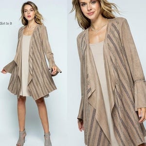 New Vocal Apparel womens crystal embellished taupe faux suede boho cardigan bling jacket S M L XL