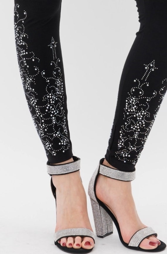 New Vocal Apparel Womens Plus Size Crystal Embellished Black Stretch Floral  Tattoo Leggings Bling 1X 2X 3X Usa 