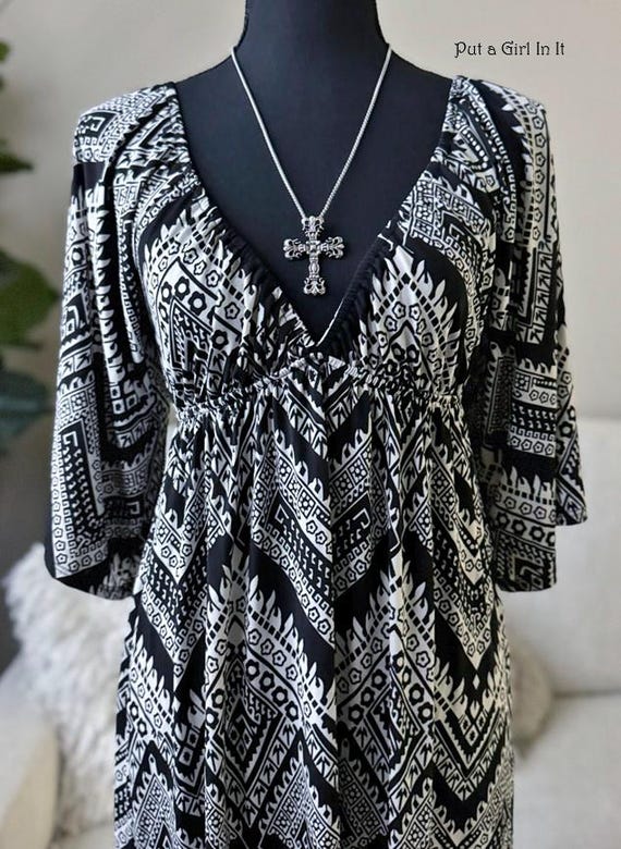 aztec black and white dress New usa Boho women's Black White chevron aztec bohemian bell sleeve hippie silky maxi dress s m vacation Beach