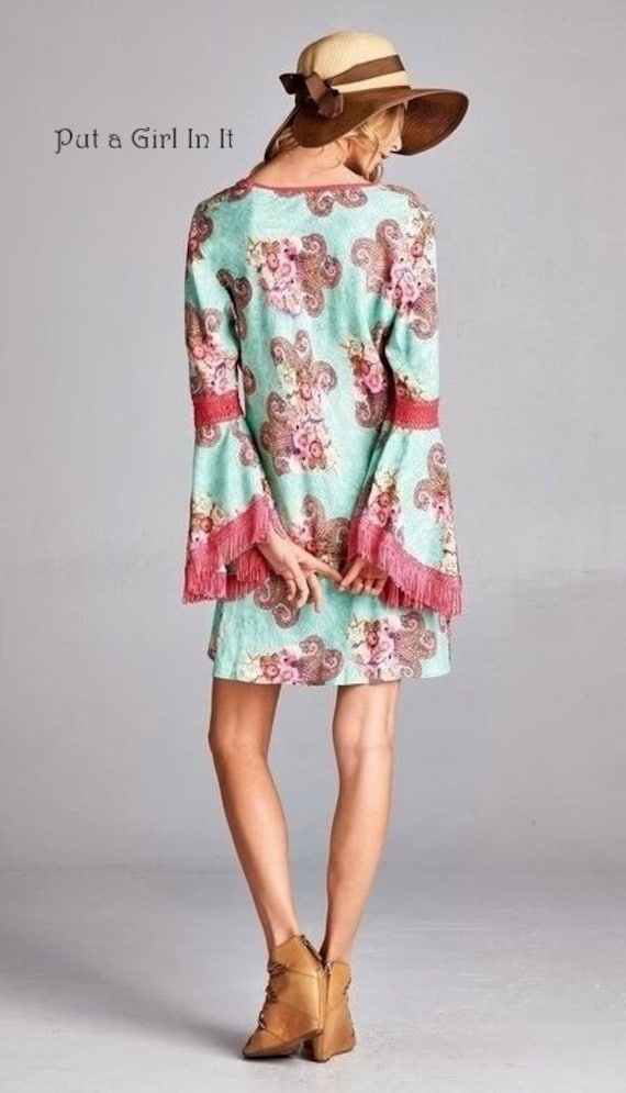 New Women's Boho Velzera Mint Pink Paisley Lace Fringe Contrast Lightweight  Hippie Bohemian Shabby Chic Tunic Dress S XL 1X - Etsy