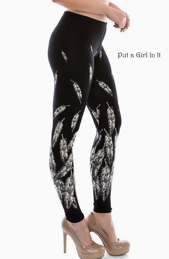 New Vocal Apparel Womens Soft Black Embellished Crystal Feather Print Stretch  Leggings S M L Xl Usa 