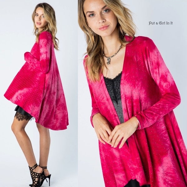 New Vocal Apparel womens crystal embellished bright pink tie dye boho cardigan bling jacket S M L XL 1X 2X 3X kimono bohemian hippie western