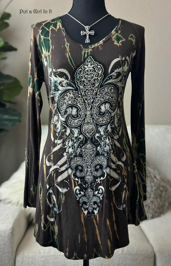 New Vocal Apparel womens crystal embellished olive brown tie dye fleur de lis boho long sleeve shirt tunic S small usa biker