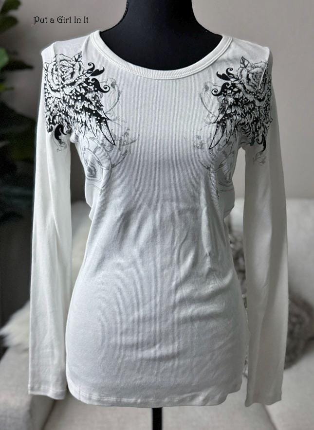 New Vocal Apparel womens juniors crystal stud embellished ivory fleur de lis angel wings fleur de lis long sleeve shirt s m l xl usa biker