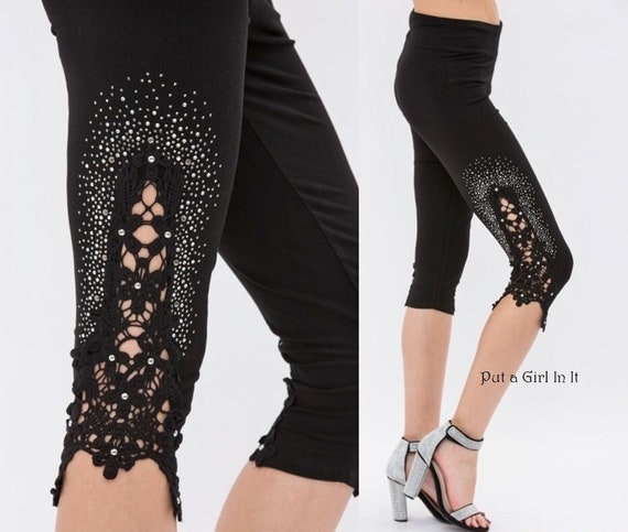 New Vocal Apparel Womens Jersey Soft Black Crystal Embellished Crochet Lace Capri  Leggings S M L Xl 1x 2x 3x 