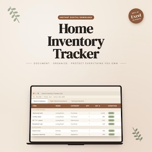 Peut inclure: Visuel numérique pour un "Home Inventory Tracker". L'image montre un ordinateur portable affichant une feuille de calcul détaillée des articles d'inventaire domestique. Le design comprend des éléments de feuilles décoratives et les mots "Documenter, Organiser, Protéger Tout Ce Que Vous Possédez."