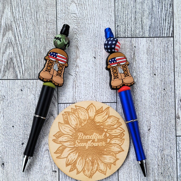 Military Boots with Dog Tags, Boots Beaded Pens, Military Pen, Military Gift, Marine Army Bead, Combat Boot Bead, Military Dog Tag, USA Flag